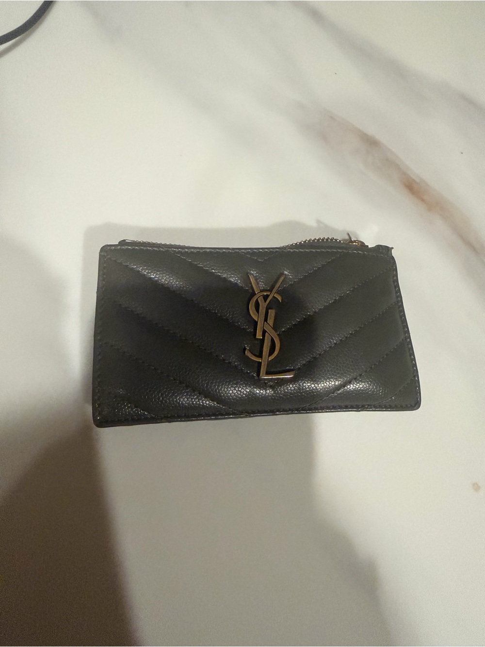 Saint Laurent Black Quilted Leather Zip Card Pouch with Gold YSL Emblem